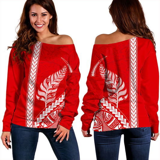 New Zealand Off Shoulder Sweatshirt Maori Tribal Silver Fern Tattoo Style Red