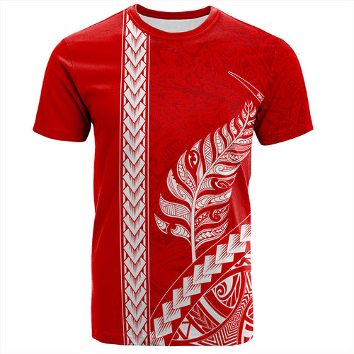 New Zealand T-Shirt Maori Tribal Silver Fern Tattoo Style Red