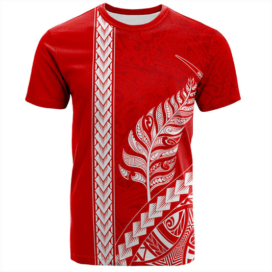New Zealand T-Shirt Maori Tribal Silver Fern Tattoo Style Red