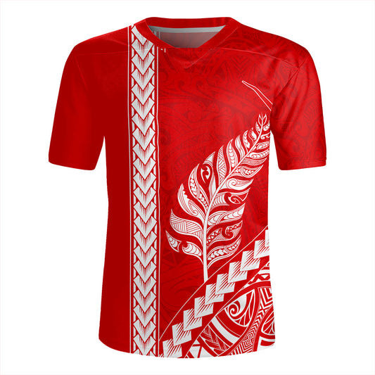 New Zealand Rugby Jersey Maori Tribal Silver Fern Tattoo Style Red