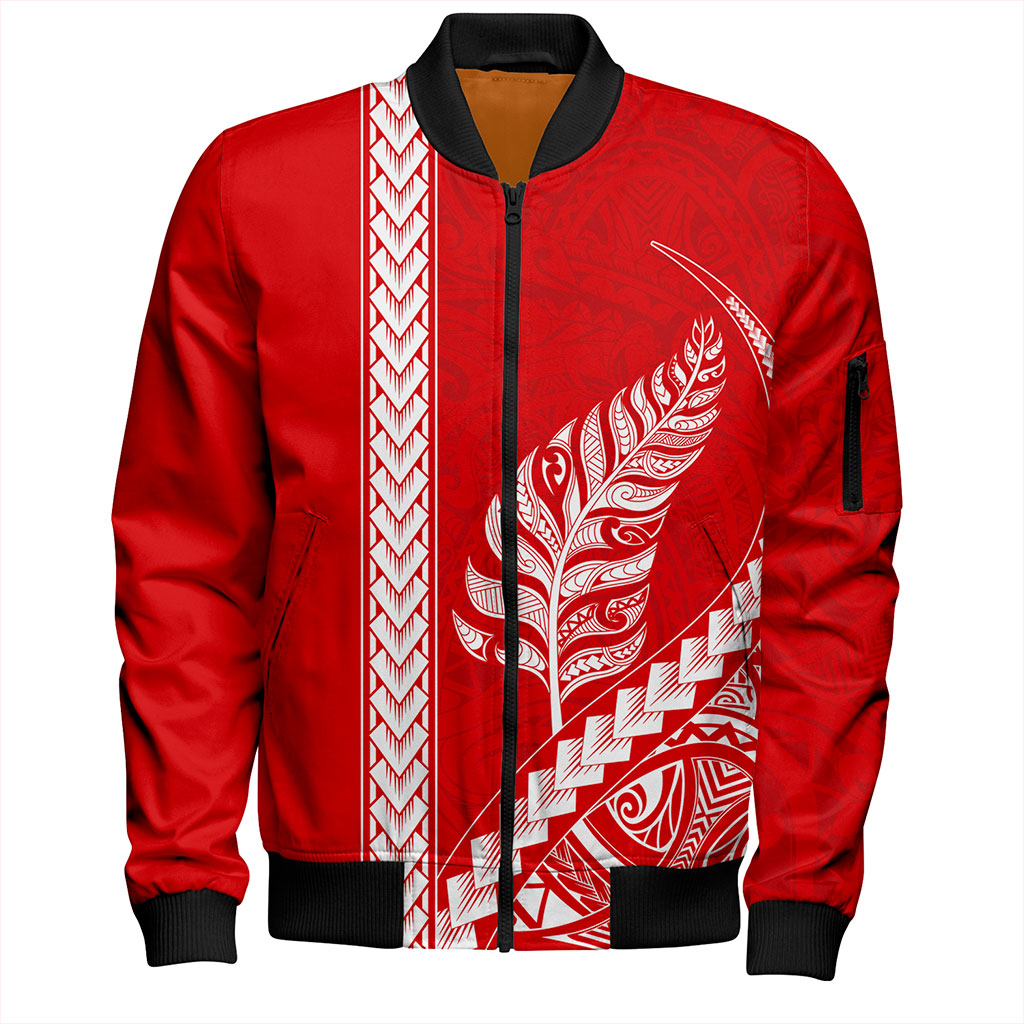 New Zealand Bomber Jacket Maori Tribal Silver Fern Tattoo Style Red
