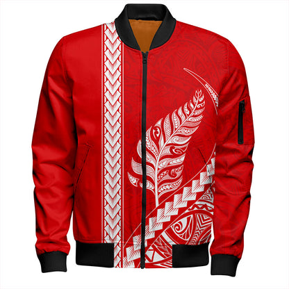 New Zealand Bomber Jacket Maori Tribal Silver Fern Tattoo Style Red
