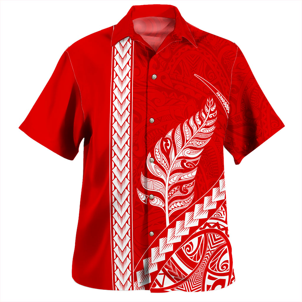 New Zealand Hawaiian Shirt Maori Tribal Silver Fern Tattoo Style Red