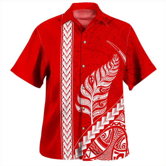 New Zealand Hawaiian Shirt Maori Tribal Silver Fern Tattoo Style Red