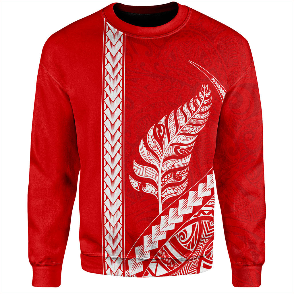 New Zealand Sweatshirt Maori Tribal Silver Fern Tattoo Style Red
