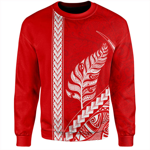 New Zealand Sweatshirt Maori Tribal Silver Fern Tattoo Style Red