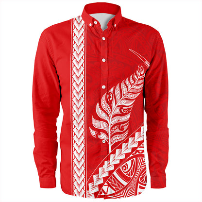 New Zealand Long Sleeve Shirt Maori Tribal Silver Fern Tattoo Style Red