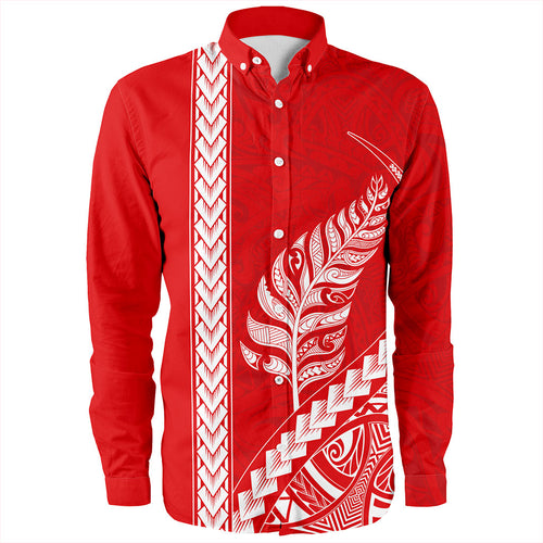 New Zealand Long Sleeve Shirt Maori Tribal Silver Fern Tattoo Style Red