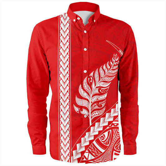 New Zealand Long Sleeve Shirt Maori Tribal Silver Fern Tattoo Style Red
