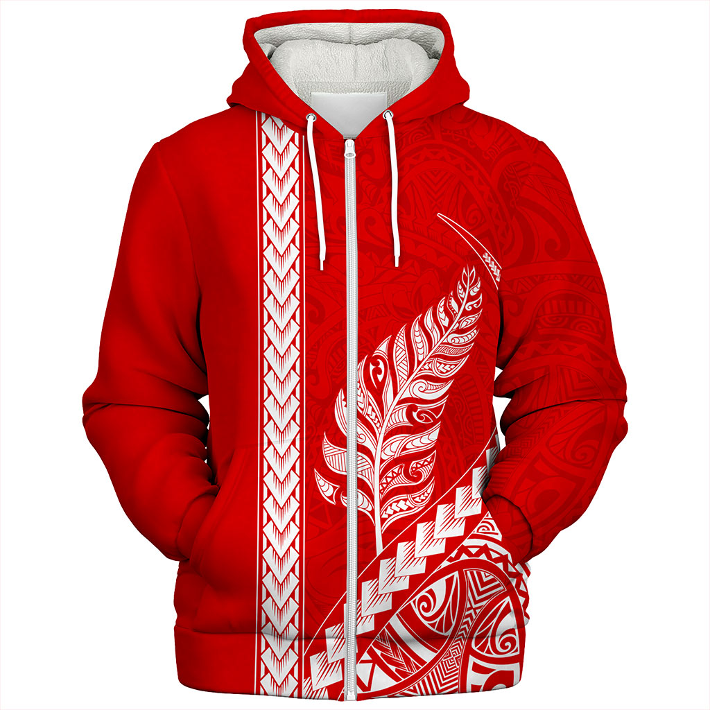 New Zealand Sherpa Hoodie Maori Tribal Silver Fern Tattoo Style Red