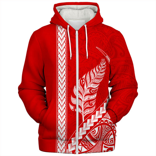 New Zealand Sherpa Hoodie Maori Tribal Silver Fern Tattoo Style Red