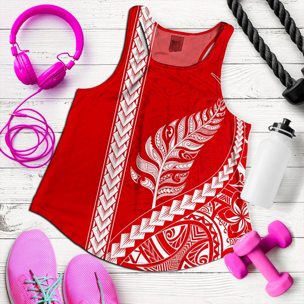 New Zealand Women Tank Maori Tribal Silver Fern Tattoo Style Red