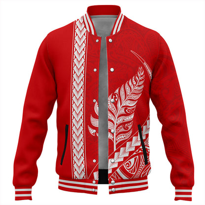 New Zealand Baseball Jacket Maori Tribal Silver Fern Tattoo Style Red