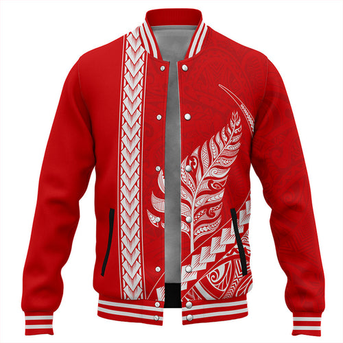 New Zealand Baseball Jacket Maori Tribal Silver Fern Tattoo Style Red
