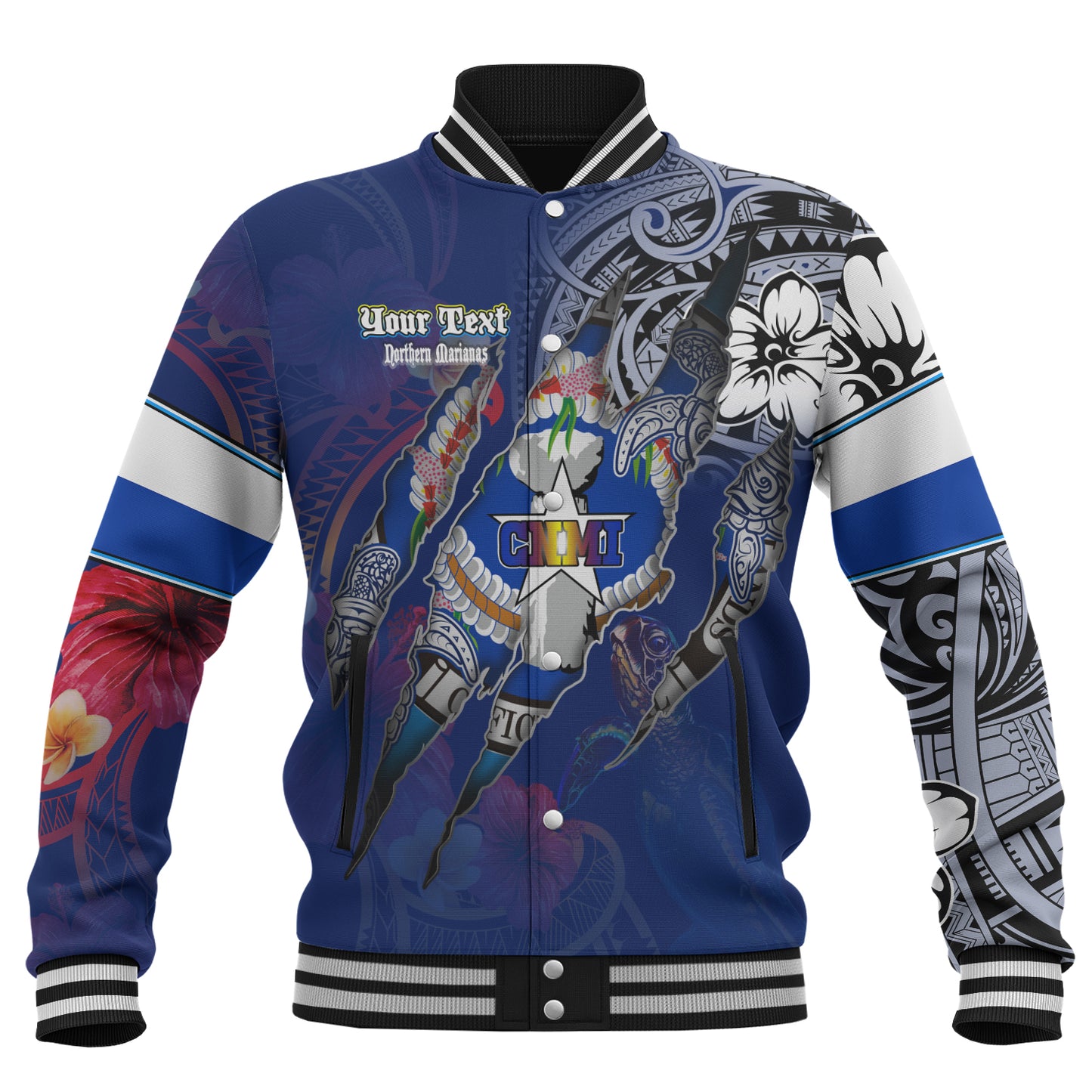 Northern Mariana Islands Baseball Jacket Custom CNMI Blood Inside Me Polynesian Sleeve Tattoo Tropical Blue