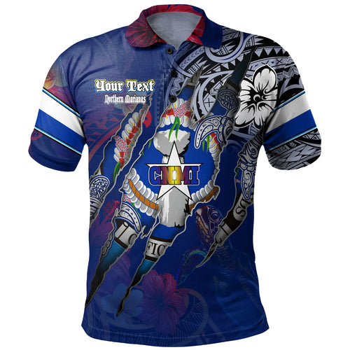 Northern Mariana Islands Polo Shirt Custom CNMI Blood Inside Me Polynesian Sleeve Tattoo Tropical Blue