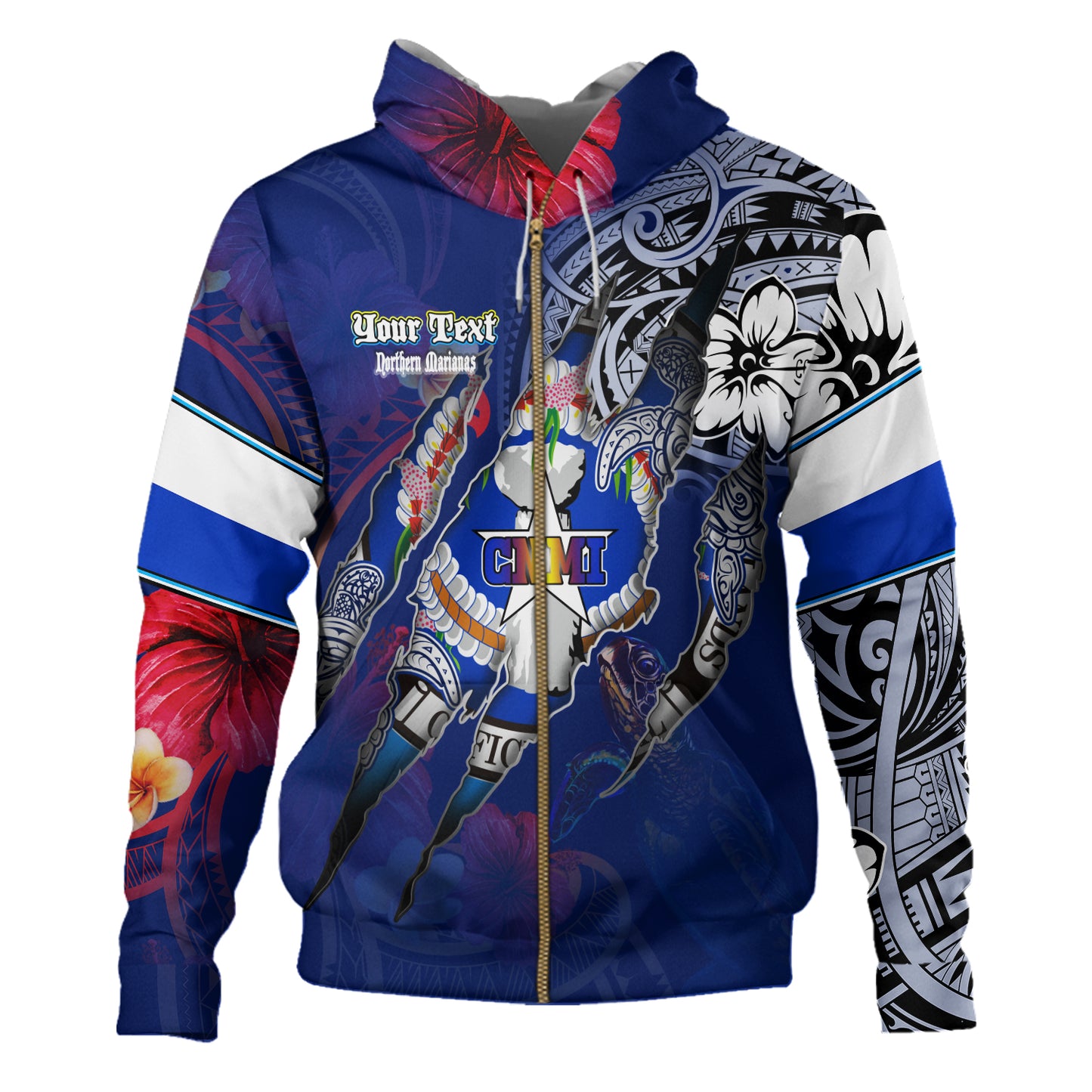 Northern Mariana Islands Hoodie Custom CNMI Blood Inside Me Polynesian Sleeve Tattoo Tropical Blue