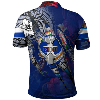 Northern Mariana Islands Polo Shirt Custom CNMI Blood Inside Me Polynesian Sleeve Tattoo Tropical Blue