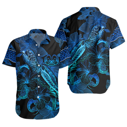Marquesas Islands Short Sleeve Shirt Sea Turtle With Blooming Hibiscus Flowers Tribal Blue