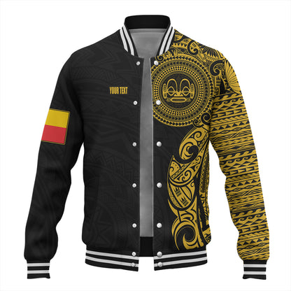 Marquesas Islands Baseball Jacket Custom Polynesian Half Sleeve Gold Tattoo With Seal Black