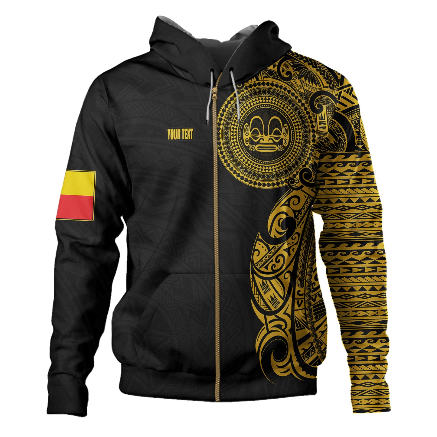 Marquesas Islands Hoodie Custom Polynesian Half Sleeve Gold Tattoo With Seal Black