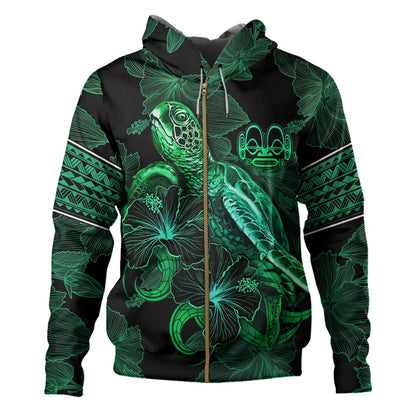 Marquesas Islands Hoodie  Sea Turtle With Blooming Hibiscus Flowers Tribal Green