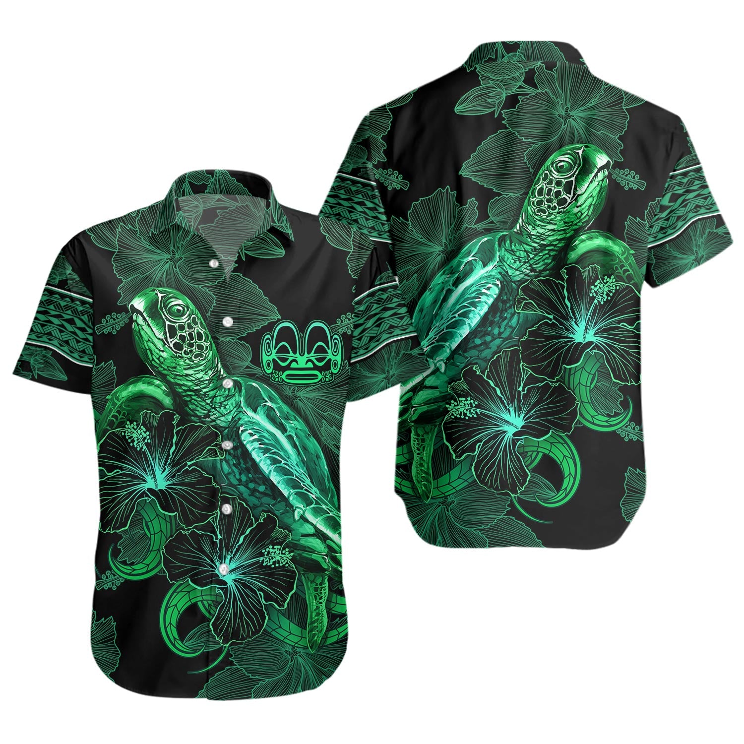 Marquesas Islands Short Sleeve Shirt  Sea Turtle With Blooming Hibiscus Flowers Tribal Green