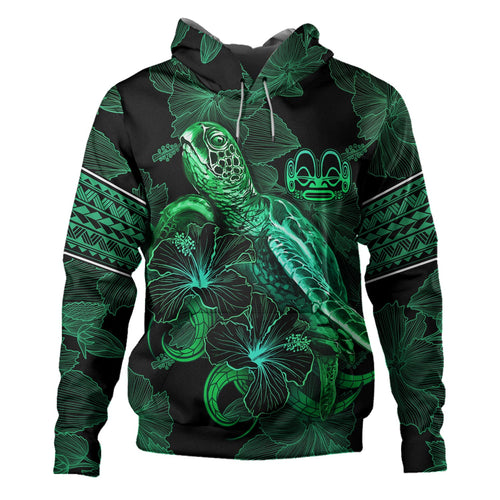 Marquesas Islands Hoodie  Sea Turtle With Blooming Hibiscus Flowers Tribal Green
