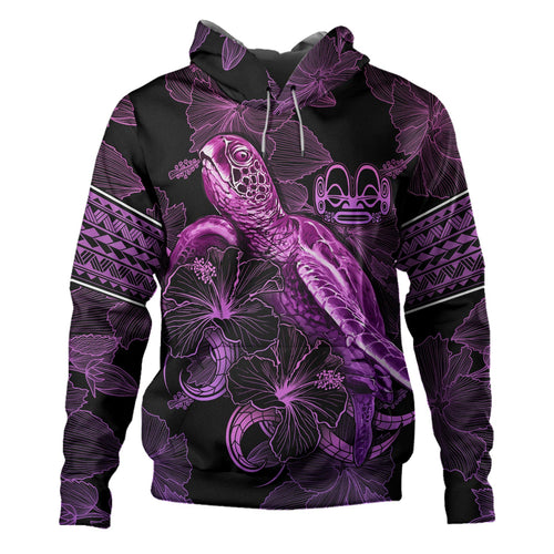 Marquesas Islands Hoodie Sea Turtle With Blooming Hibiscus Flowers Tribal Purple