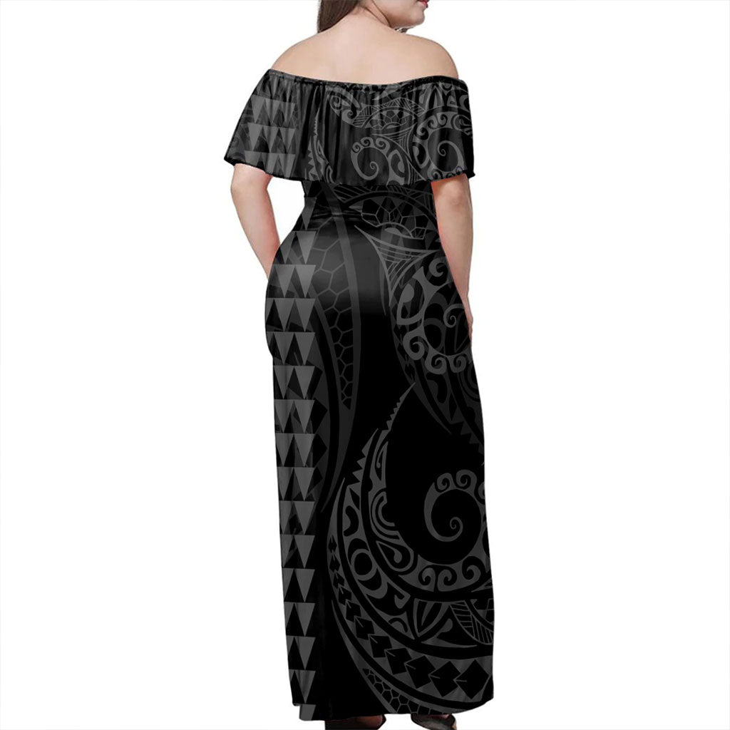 Marquesas Islands Off Shoulder Long Dress Kakau Style Grey