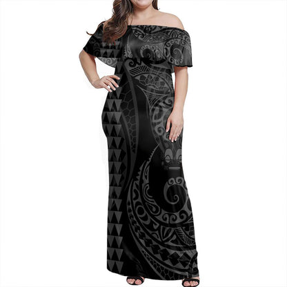 Marquesas Islands Off Shoulder Long Dress Kakau Style Grey