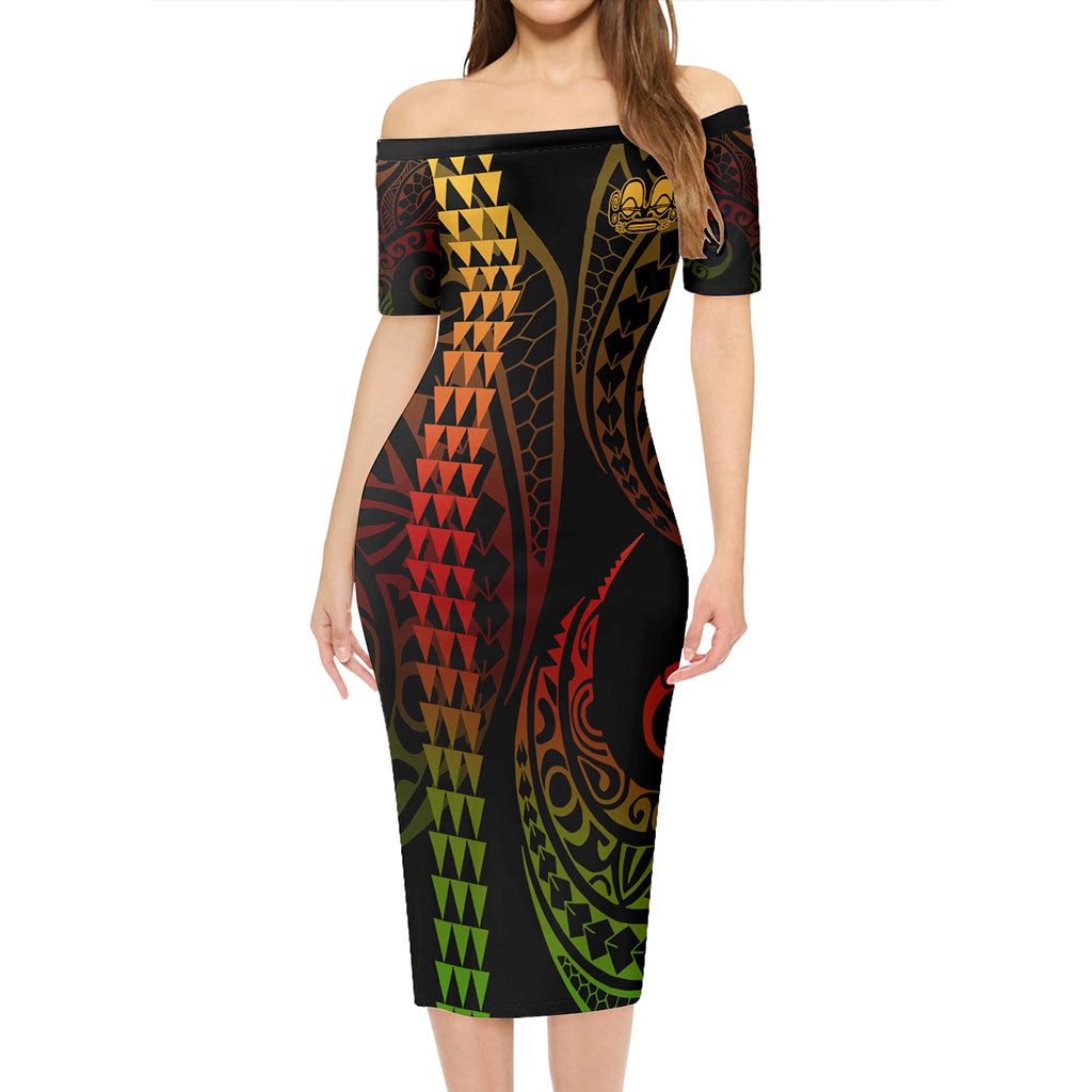 Marquesas Islands Short Sleeve Off The Shoulder Lady Dress Kakau Style Reggae