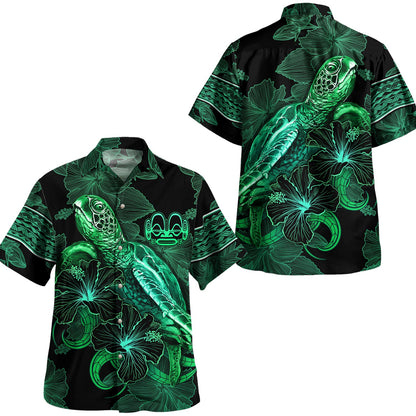 Marquesas Islands Hawaiian Shirt  Sea Turtle With Blooming Hibiscus Flowers Tribal Green