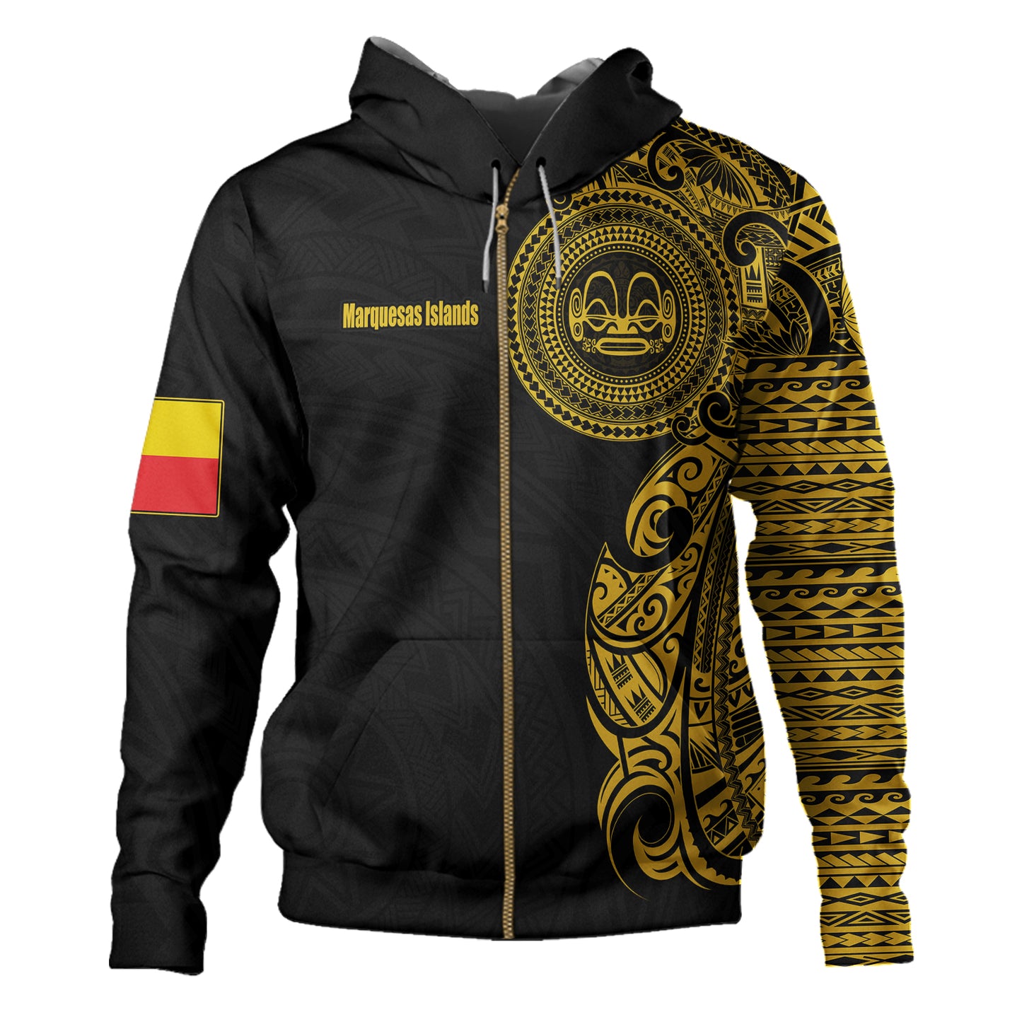 Marquesas Islands Hoodie Custom Polynesian Half Sleeve Gold Tattoo With Seal Black