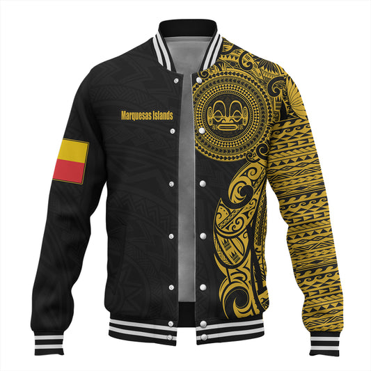 Marquesas Islands Baseball Jacket Custom Polynesian Half Sleeve Gold Tattoo With Seal Black