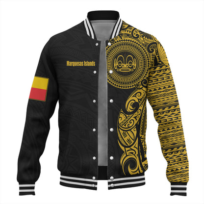 Marquesas Islands Baseball Jacket Custom Polynesian Half Sleeve Gold Tattoo With Seal Black