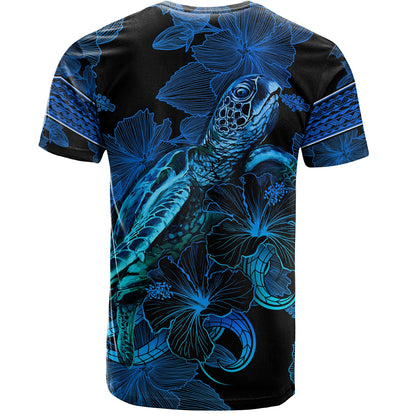 Marquesas Islands T-Shirt Sea Turtle With Blooming Hibiscus Flowers Tribal Blue