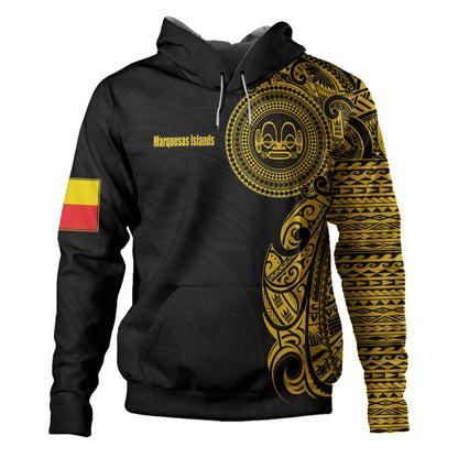 Marquesas Islands Hoodie Custom Polynesian Half Sleeve Gold Tattoo With Seal Black