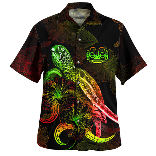 Marquesas Islands Hawaiian Shirt Sea Turtle With Blooming Hibiscus Flowers Reggae