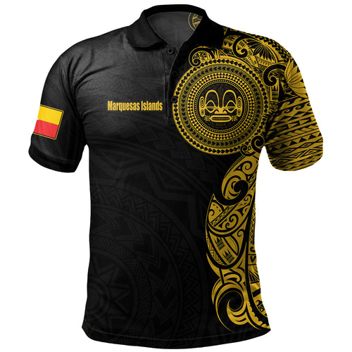 Marquesas Islands Polo Shirt Custom Polynesian Half Sleeve Gold Tattoo With Seal Black