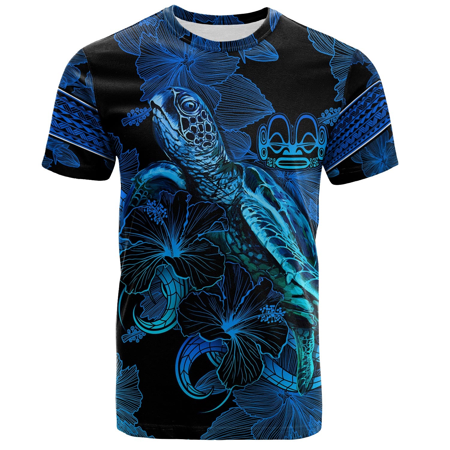 Marquesas Islands T-Shirt Sea Turtle With Blooming Hibiscus Flowers Tribal Blue