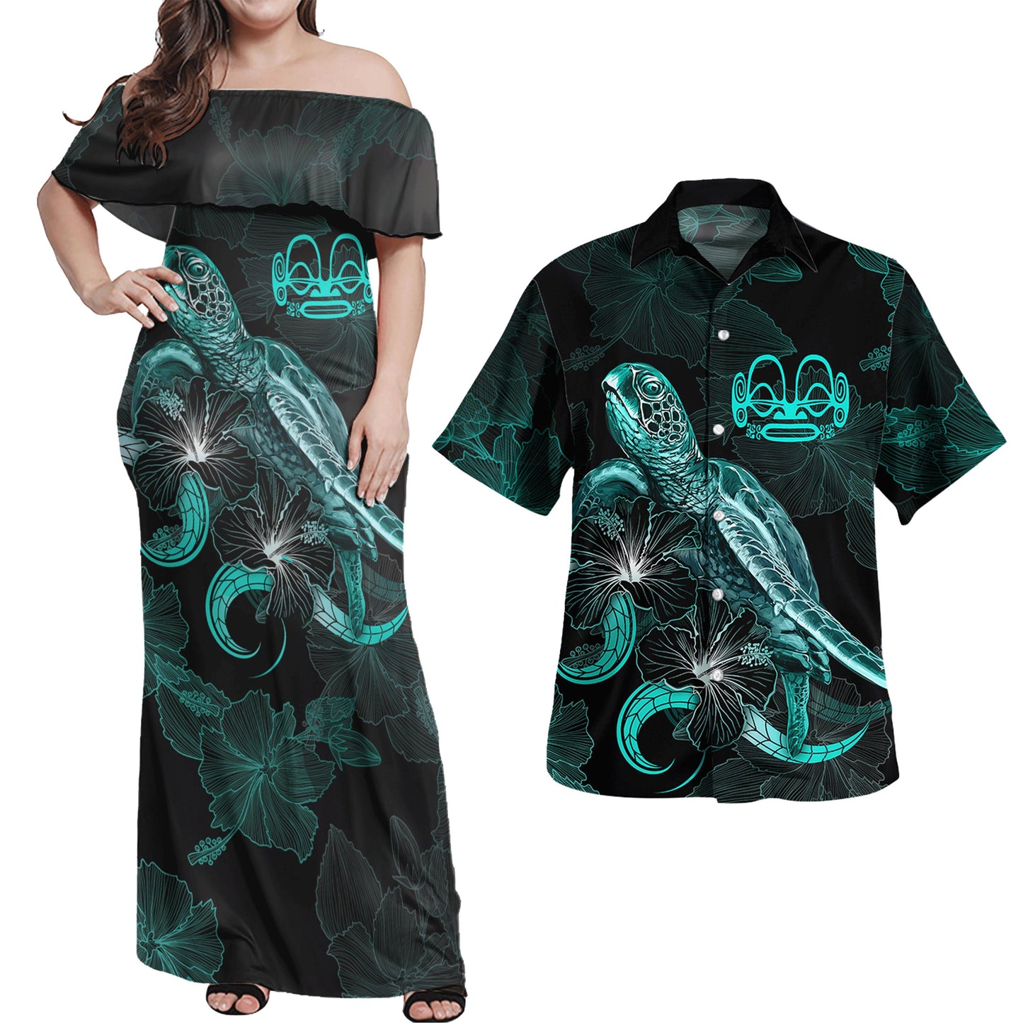 Marquesas Islands Combo Dress And Shirt - Marquesas Islands Coat Of Arms Turtle Blooming Hibiscus Turquoise