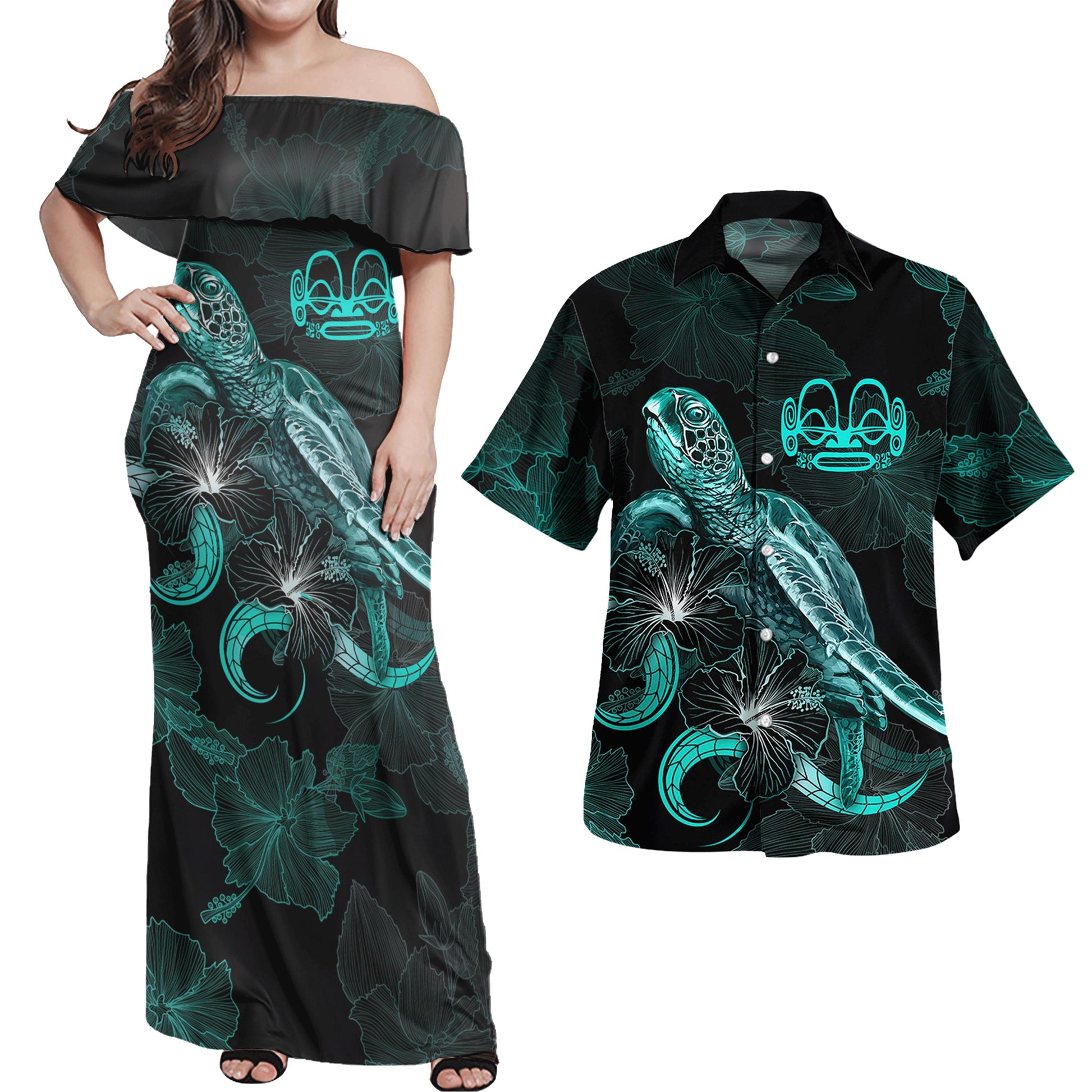 Marquesas Islands Combo Dress And Shirt - Marquesas Islands Coat Of Arms Turtle Blooming Hibiscus Turquoise