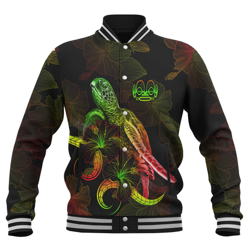 Marquesas Islands Baseball Jacket Sea Turtle With Blooming Hibiscus Flowers Reggae