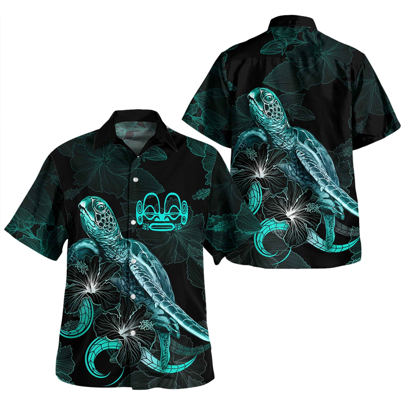Marquesas Islands Short Sleeve Shirt - Custom Marquesas Islands Coat Of Arms Turtle Blooming Hibiscus Turquoise