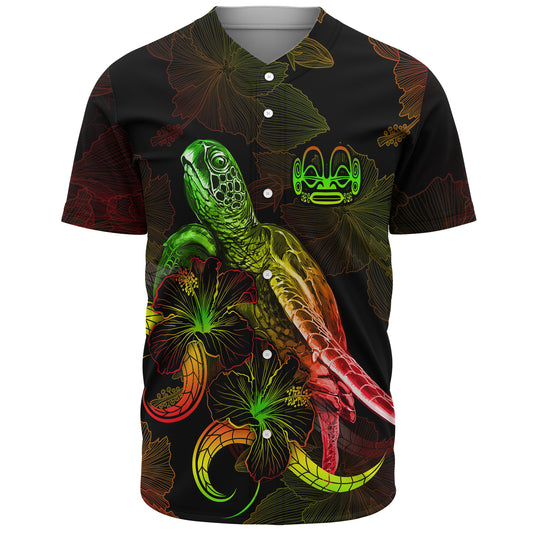 Marquesas Islands Baseball Shirt Sea Turtle With Blooming Hibiscus Flowers Reggae