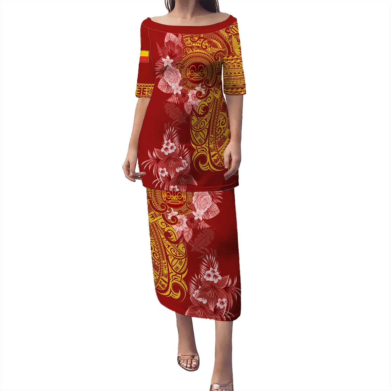 Marquesas Islands Puletasi Polynesian Tropical Plumeria Tribal Red