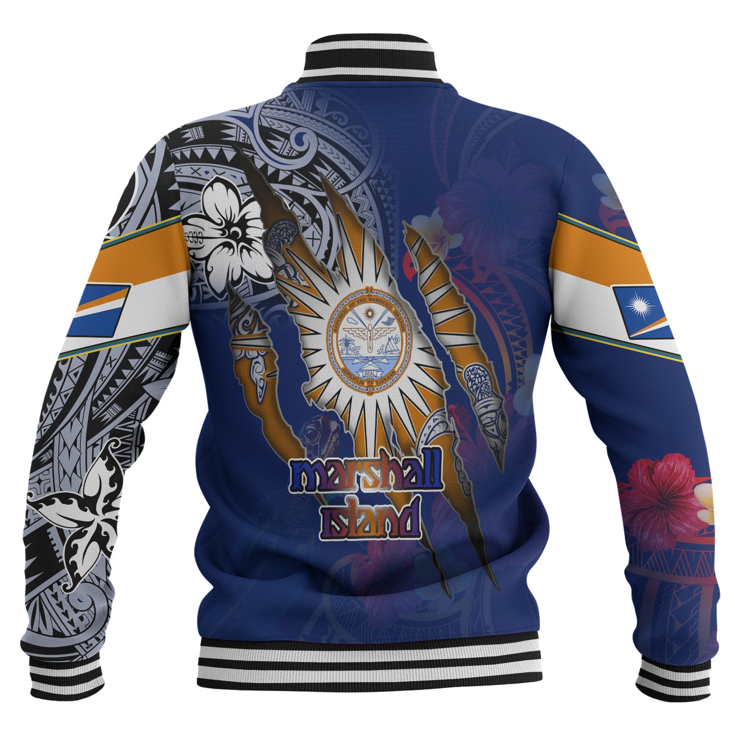 Marshall Islands Baseball Jacket Custom Marshallese Blood Inside Me Polynesian Sleeve Tattoo Tropical Blue