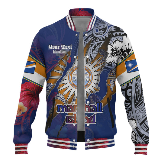 Marshall Islands Baseball Jacket Custom Marshallese Blood Inside Me Polynesian Sleeve Tattoo Tropical Blue
