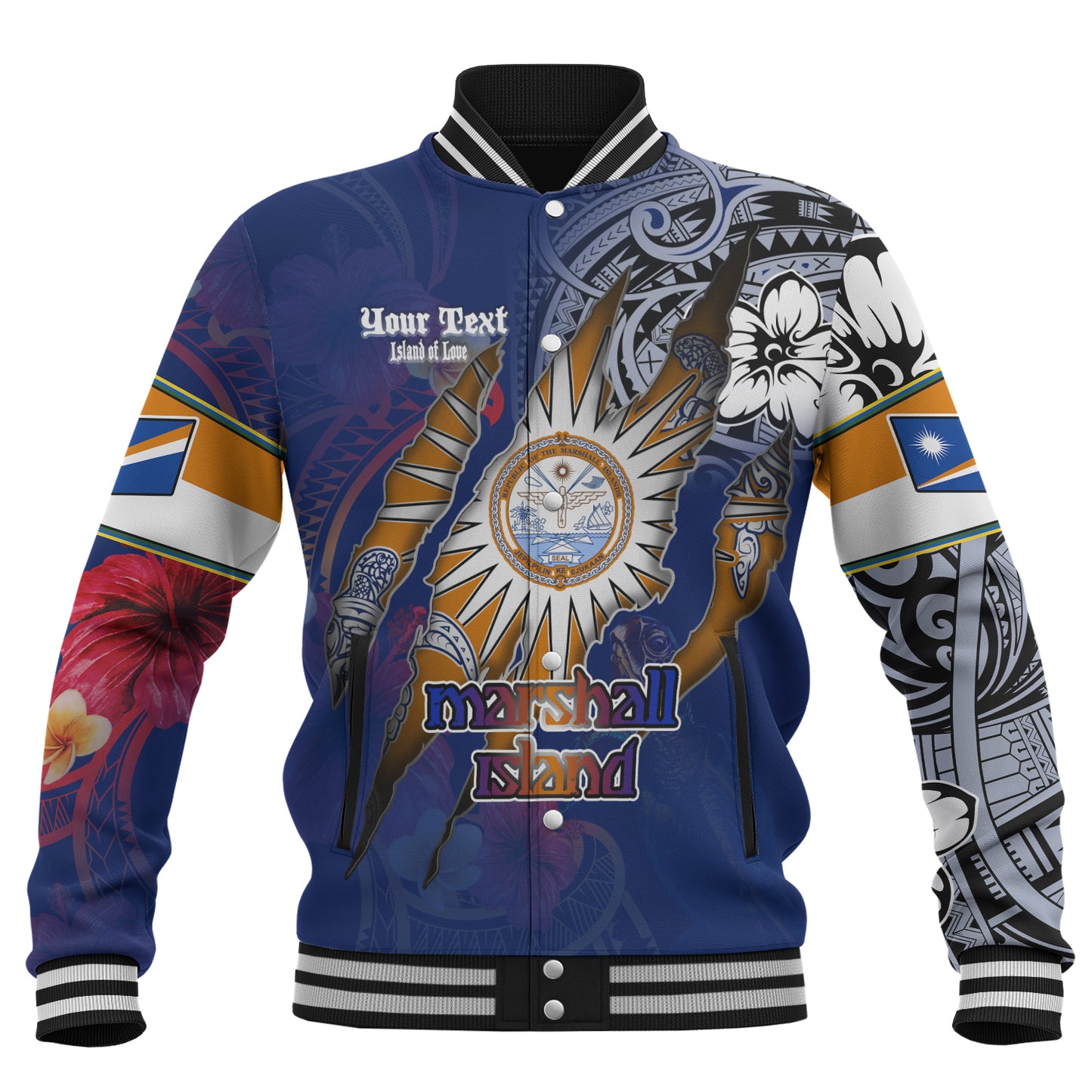Marshall Islands Baseball Jacket Custom Marshallese Blood Inside Me Polynesian Sleeve Tattoo Tropical Blue